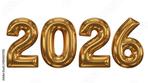 Golden balloon numbers 2026, shiny and reflective, on white background