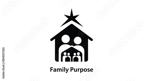 A simple black silhouette of a house shape contains figures representing a family and a shining star above