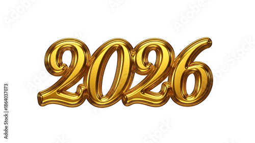 Golden balloon numbers 2026, shiny and reflective, on white background