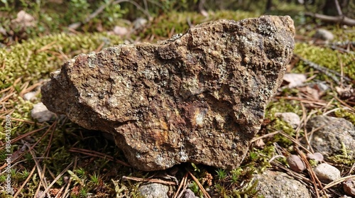 Textured Rock on the Forest Floor Surrounded by Green Moss and Natural Vegetation