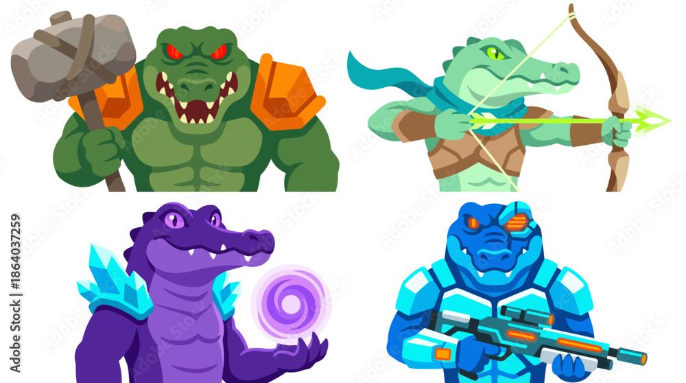Naklejka premium Crocodile RPG Character Collection – Tank, Archer, Mage and Soldier