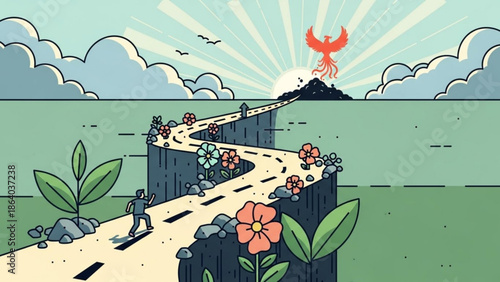 A winding road leading to a phoenix rising over a mountain symbolizing growth and new beginnings perfect for concepts of journey and aspiration