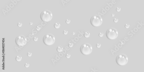 Clear liquid drops realistic vector illustration set. Cosmetic oil droplet. Collagen gel skincare product 3d objects on transparent background