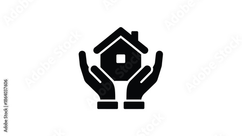 A simple black icon depicts a house safely cradled within two protective hands symbolizing home security