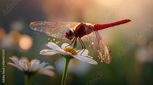 Wallpaper Mural AI Generated Macro View of a Red Dragonfly Resting on a White Wildflower in Soft Golden Morning Light with Natural Bokeh Background Torontodigital.ca
