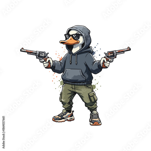 Street duck with pistols – cartoon vector character illustration