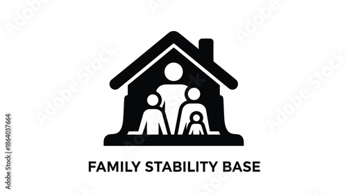 A simple black and white illustration depicts a house with a family silhouette inside symbolizing domestic life