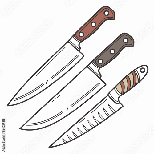 Three kitchen knives with wooden handles