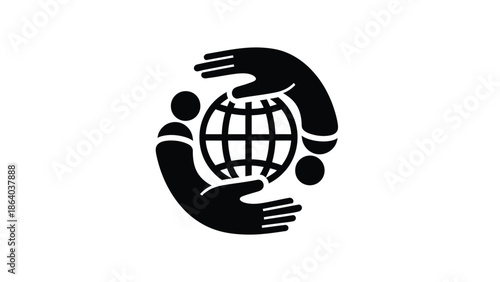 A black and white graphic depicting hands encircling a globe symbolizing global unity and support