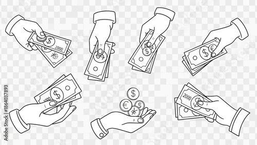 Hands holding money cash and coins in various gestures illustrating financial transactions and wealth.