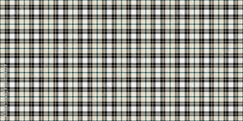 Elegant tartan pattern featuring classic stripes in black, ivory and green. Use this textile design for backgrounds, textures, or fabric mockups to add a traditional, refined touch.