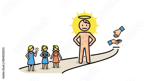 Illustration of a haloed figure receiving donations symbolizing charity and generosity with people watching on a path
