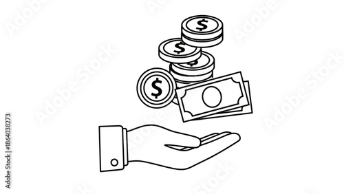 Hand receiving money coins and banknotes financial transaction concept.