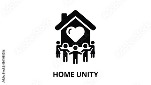 A symbolic representation depicting a home with a heart and family figures illustrating concepts of love and togetherness