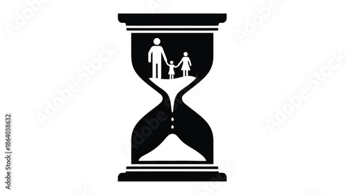 A symbolic hourglass shape depicts a family silhouette representing the fleeting nature of time and generations