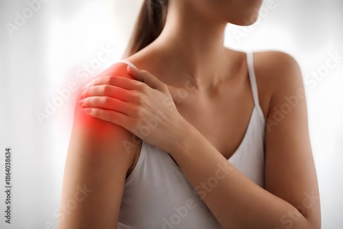 Young woman suffering from chronic shoulder pain and muscle inflammation