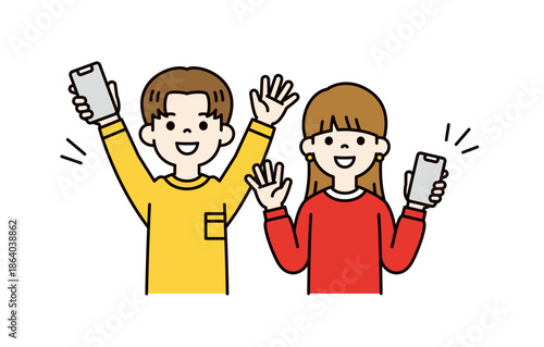 スマートフォンを持って、笑顔で手を振る若い男性と女性のベクターイラスト素材セット＿カラー