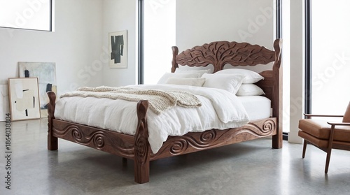 Elegant Wooden Carved Bed in Modern Minimalist Bedroom with Soft Textiles and Natural Light