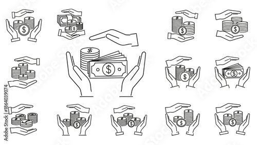 Hands protecting money financial security and savings concept in doodle style.