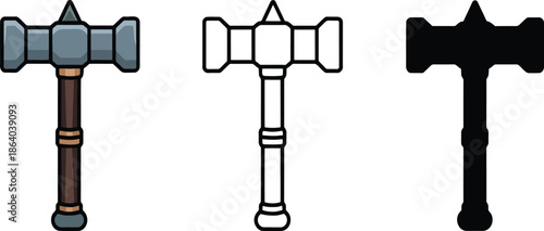 Battle hammer silhouette & Outline and illustration set isolated on transparent background