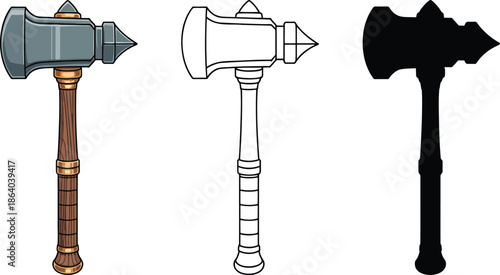 Battle hammer silhouette & Outline and illustration set isolated on transparent background