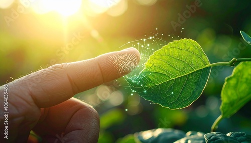 Human finger gently touching a vibrant green leaf, illuminated by glowing particles and warm sunlight, symbolizing the innovative blend of nature, technology, and sustainable growth