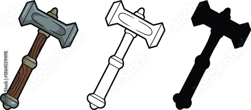 Battle hammer silhouette & Outline and illustration set isolated on transparent background