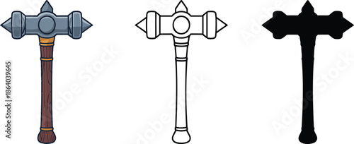 Battle hammer silhouette & Outline and illustration set isolated on transparent background