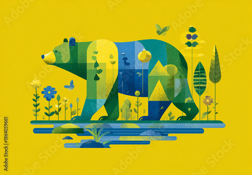 Stylized bear illustration with vibrant nature landscape