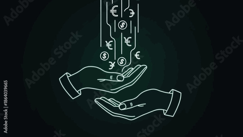 Hands receiving falling currency symbols representing financial investment and wealth transfer.