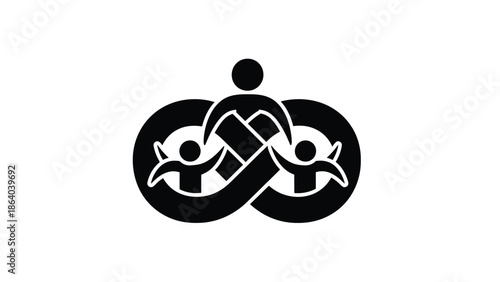 A striking black and white symbol depicts interconnected figures within a looping abstract design representing unity