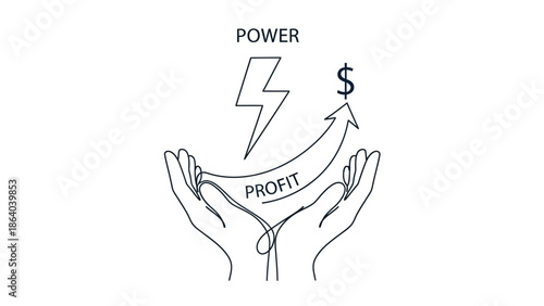 Hands holding lightning bolt and profit arrow symbolizing power and financial growth.