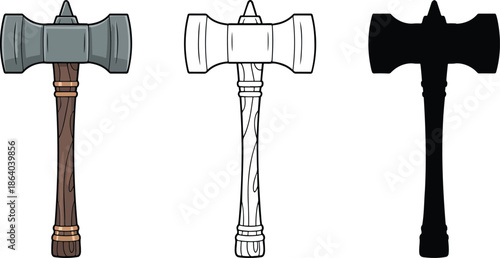 Battle hammer silhouette & Outline and illustration set isolated on transparent background