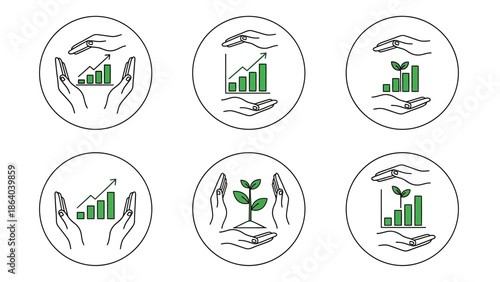 Hands protecting growing financial graphs and plants symbolizing investment and growth.