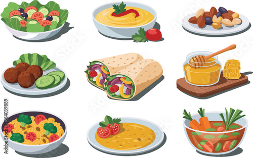 Assorted Healthy Food Dishes and Snacks on Plates vegetables