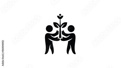 Two figures are depicted nurturing a small plant with leaves symbolizing growth collaboration and environmental care