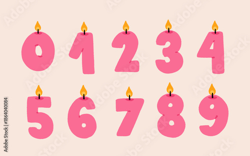Birthday numbers set in flat style. Simple numbers 0 to 9. Festive doodle birthday decorations for anniversary party invitation, greeting card. Vector illustrations
