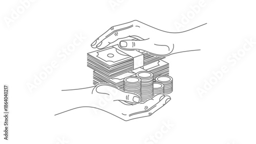 Hands exchanging money and coins in a symbolic gesture.