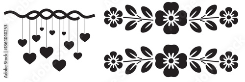 Modern Heart Dangles Vector Decorative Silhouette And Flowers Twigs Illustration For Celebration Decor Border Print Or Valentines Day Frame And Floral Design