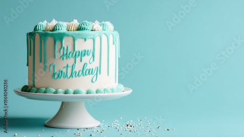 Happy Birthday Cake with Turquoise Drip Icing and Decorations on Turquoise Background