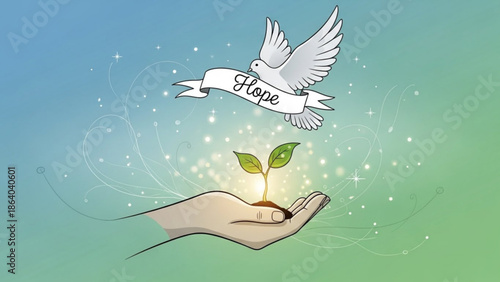 Dove carrying a banner with the word Hope flying over a hand holding a sprouting plant symbolizing new beginnings and optimism