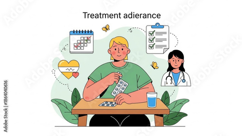 Patient taking medication illustrating treatment adherence with calendar and doctor concept for healthcare and wellness flat vector illustration