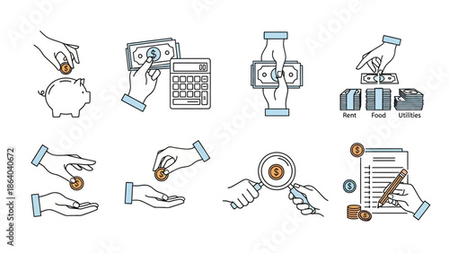 Set of HandDrawn Icons Illustrating Financial Activities and Money Management.