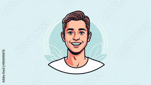 Friendly young man portrait smiling with dimples modern cartoon illustration for profile picture or avatar isolated on light blue background