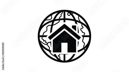 A black and white graphic depicting a house silhouette within a globe outline symbolizing global real estate
