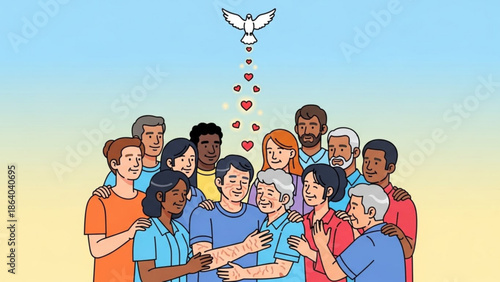 Diverse group of people embracing with a dove and hearts symbolizing peace love and unity perfect for spiritual or community concepts