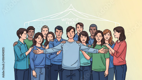 Diverse group of people standing together embracing unity and support representing community and teamwork illustration on a gradient background