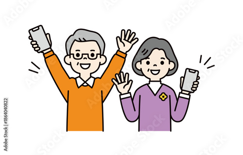 スマートフォンを持って、笑顔で手を振る高齢男性と女性のベクターイラスト素材セット＿カラー