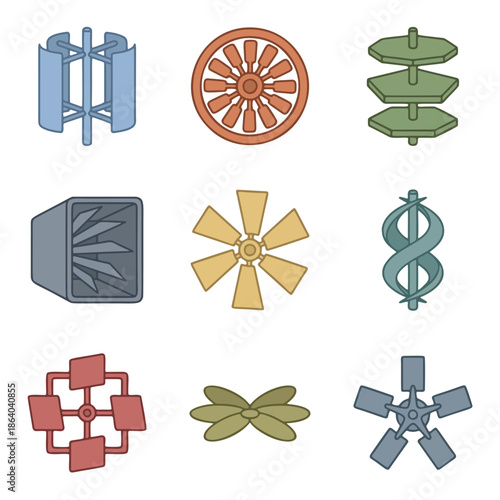 Modern Wind Turbine Mechanism Set - Flat Vector Abstract Windmill Icons