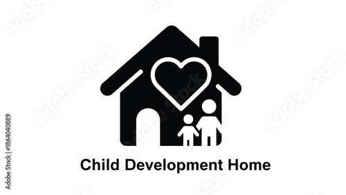 A simple black and white illustration depicts a house shape with a heart and figures symbolizing family and home